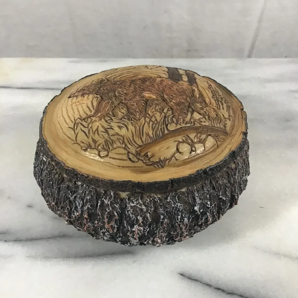 Rustic Faux Wood Bear Trinket Box Resin Log Tree Bark Jewelry Keepsake Cabin